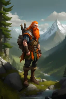 Realistisches Bild von einem DnD Charakters. Männlichen Zwerg mit orangenem Haaren. Er steht im Wald mit Bergen im Hintergrund.