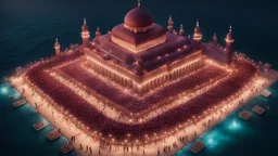 Hyper Realistic Aerial View of Lots of people worshiping outside a Huge-Beautifully-Crafted-Maroon-Mosque decorated with garland-lights & lamps between an island with ocean-water-waves at night with dramatic-&-cinematic-ambiance