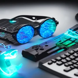 Futuristic High Tech rave glasses on a table, close shot