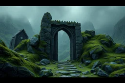 ancient gate in the mountain, 3d model, moss, rocks, dark fantasy