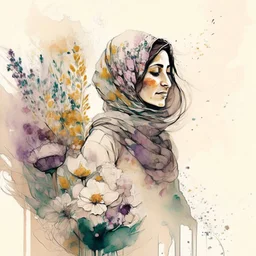 woman,life,freedom,iran hand-drawn watercolor, muted tones, flowers everywhere, REALISTIC