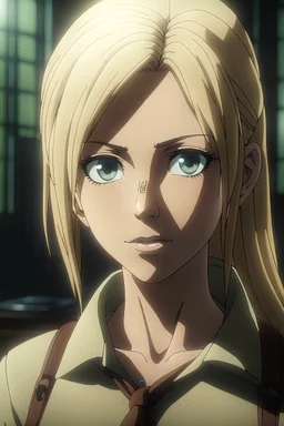 A female character from attack on titan with dark eyes and blonde hair