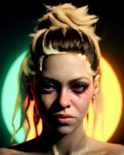 portrait, Shakira, blonde artist, angry, Realistic image, MMA robe, hoodie, mma gloves, band aid, loose long hair, eyes make up, line gold make up, glow, circle iris. moisture sweat, fog, Neon colors, leds. Dark background, photo studio, concept art, smooth, unreal engine 5, god lights, ray tracing, RTX, lumen lighting, ultra detail, volumetric lighting, 3d, finely drawn, high definition, 4k.