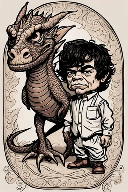 portrait of an odd but strangely beautiful yet odd little humanoid creature named Herve Villechaize in the role of "Tyrion Lannister" from "Game of Thrones" with a dragon in the background Modifiers: very cute Norman Rockwell style of Bobby Chiu style of Chris Ryniak