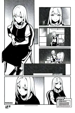 blonde girl converses sitting on a chair, isometric view, grayscale, manga page