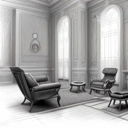 A living room with armchair and fancy stools. pencil sketch