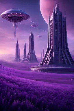 An epic panoramic vista of Pro Tools running across a vast extraterrestrial megastructure, each individual track displayed as a towering crystal spire reaching into a lavender sky, while robotic drone crafts phase in musical instrument samples that echo through the alien atmosphere