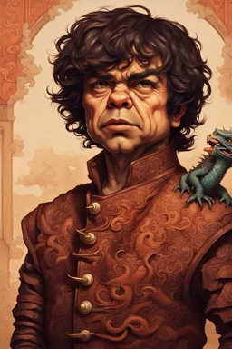 A portrait of an odd but strangely beautiful yet odd little humanoid creature named Herve Villechaize in the role of "Tyrion Lannister" from "Game of Thrones" with a dragon in the background Modifiers: very cute Norman Rockwell style of Bobby Chiu style of Chris Ryniak