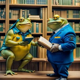 close up photo from a big and fat yellow-green anthropomorphic frog in simple human clothes talking with a strong anthropomorphic rhinoceros without horns in blue modern security guard clothes, they talking and elbowing on an old wooden railing next to each other, in background a bibliothek with tall book shelves, detailed sci-fi, fantasy mood