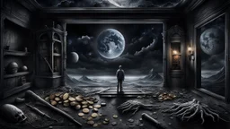 Melancholy theme picture. sometimes human stop at night and stares out into the cold space, and something hurts my heart, something big I miss. Because the treasure i longed for is not there, the treasure i lay in the dust for, and i am at home in this house, and i am at home in this skin. detailed, gloomy, and surreal vibe. dark colors, cinematic