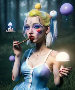 Ultra realistic wonderland photo, happy blonde Alice smoking a pipe, blue dress, white rabbit pet, circus dress style, old school tattoo, smoke, marijuana garden, glow eyes, perfect iris, little mushroom balloons, soft color, highly detailed, unreal engine 5, ray tracing, RTX, lumen lighting, ultra detail, volumetric lighting, high definition.