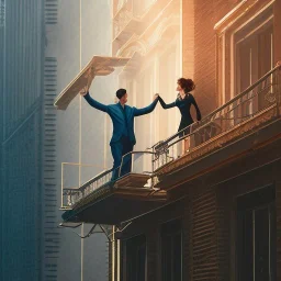 a man pushing a woman over a balcony, downtown new york, dramatic, dramatic lighting, volumetric lighting, hyperrealism, 8k, high quality, photorealistic, lot of details