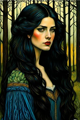 create a 3/4 profile, full body oil pastel of a dark haired, savage, ornately dressed, vampire girl with highly detailed , sharply defined hair and facial features , in a quiet forest glade at twilight, in the Pre-Raphaelite style of JOHN WILLIAM WATERHOUSE