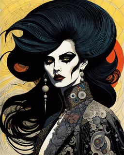 Jean- Giraud Moebius, Max Ernst, and Ravi Zupa, surrealistic Vogue style, ink oil fashion illustration, (full body, close up, shot:1.6), haute couture, goth vampire girl with highly defined hair and facial features, black mascara, broad brushstrokes, energetic, highly detailed, boldly inked, vivid natural color, ethereal, otherworldly