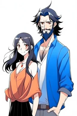 Anime man with beard, handsome and happy. Standing with Beautiful anime woman with black hair. Utopian universe