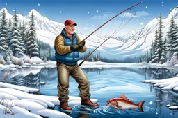 bald, muscular middle-aged smooth-faced man fishing on the lake shore in a baseball cap, winter landscape, snow, a big fish, caption on the picture "Happy Birthday!" sign, detailed realistic image