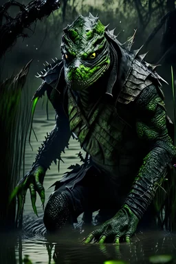 10k hyper realistic detailed Reptile the masked green reptilian ninja assassin using his poisonous claws and camouflage to hunt (mortal Kombat) in a dark swamp emerging from muddy swampwater