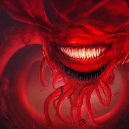 red, tentacles, eyes, teeth, monster, horror, blood, huge, scary, hyperrealism, gore, masterpiece, expert, volumetric lighting, deformed, optic funcus