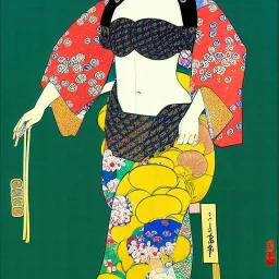 Retrato de cuerpo entero una Geisha Bella voluptuosa con kimono con el estilo de Gustav Klimt