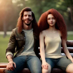 Jeune couple assis banc parc. Jeune homme grand musclé cheveux longs bruns bouclés habillé en bûcheron, jeune femme petite fine magnifique cheveux longs roux