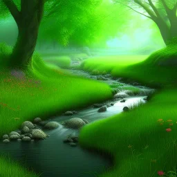 creek running through a green field