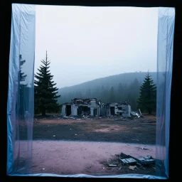 A polaroid photo of an odd room with structures. A transparent tarpaulin covers an image resembling a ruined building. There is a group of fir trees in the background and a high hill in the distance. The surface below is in a pastel color. Fog is present.