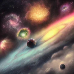 galaxy, nirvana, fantasy world,gas planets,with clouds,a couple of planets that are in the sky, abstract 3 d artwork, ufotable art style, dreamy and detailed,the planets are formed from clouds,the sky has stars, the planets are colored with red black purple violet,like a aurora borealis,no sun in picture