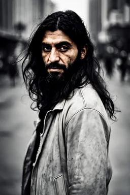 Masterpiece1:3), a captivating character portrait in the raw, visceral style Of a modern arabic model with long hair, a hopeful visionary standing amidst an urban dawn with resolute eyes wearing a / weathered leather jacket /. Emphasize street photography that captures the candid humanity and resilience of city life, bathed in the early morning's diffused light with Artistic Vision, (Sheer Artistry:1,5). Shot with a Leica M10, Ilford HP5 Plus, finest quality, 8k