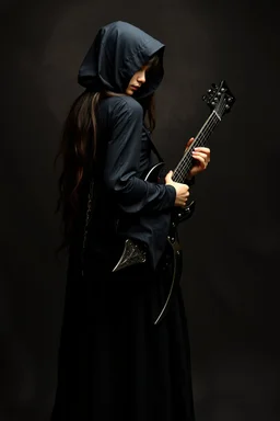 pretty goth girl(dressed in black flowing robes) facing viewer, playing scythe styled guitar, leaning back, dark background, photo realism