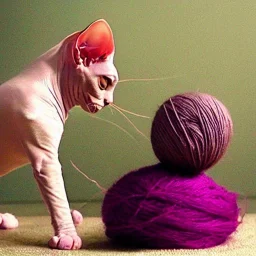 sphynx cats playing with coloured balls of yarn, fantasy style