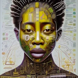 4K painting by Basquiat. Chakras. Sacred geometry. a brain exploding. kintsugi. Chaos. Portrait of a young black woman crying.a mind fracturing.confusion. Tears the colour of oil. Depression seeping out of her eyes nose and mouth like a oil spill Open mouth. Screaming