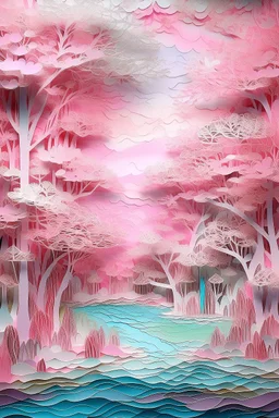 A light pink magical aurora way designed in Chinese paper art painted by Claude Monet