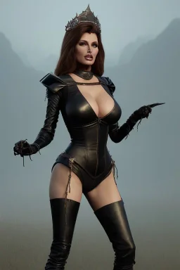 Raquel Welch as evil queen in black leather, leather, busty, cleavage, angry, stern look. character design by cory loftis, fenghua zhong, ryohei hase, ismail inceoglu and ruan jia. unreal engine 5, artistic lighting, highly detailed, photorealistic, fantasy