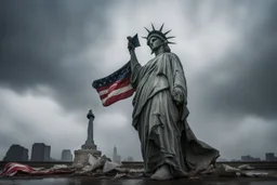 the statue of liberty, dress dirty and torn, her face solemn and terse, trash littered at her feet, she holds a crumpled american flag, she walks away with back turned under a dark and dreary sky, wide angle