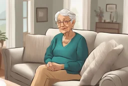 digital drawing of a Grandma sitting in a sofa talking to someone out of frame
