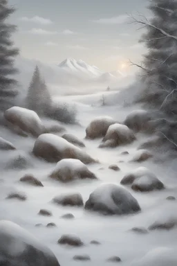 Drawn rocks on a snowy landscape