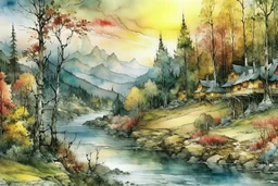 Watercolor painting landscape in style of Arthur Rackham, soft pastel colors Modifiers: Award winning photography 4K 3D colourful