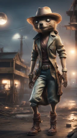 magazine cover illustration, fallout 4 docks setting, horror weird cowboy beaver alien walking on stilts in female garments, getting hit by lightening electric arc, with big disturbed eyes,bokeh like f/0.8, tilt-shift lens 8k, high detail, smooth render, down-light, unreal engine, prize winning