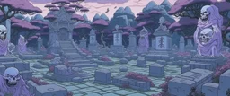 A light purple graveyard with ghosts designed in Japanese Oni masks painted by Zosan