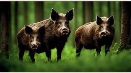 wild pigs with long tusks in woodland