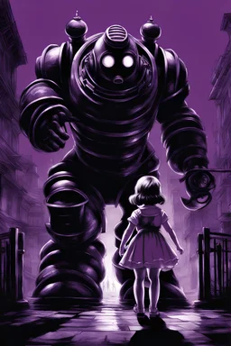 masterpiece, best quality, Big Daddy and little sister from Bioshock, in the style of Bioshock, simple 1960 background, in the style of Hiroyuki Takei, duotone only purple and white, professional quality drawing, ultra detailed, only pencils, ultra detailed manga drawing, professional lighting, manga japanese comic style, 2 tone purple and white, duotone only purple and white