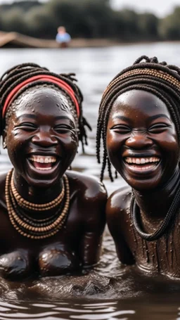 Two African women, laughing while swimming in muddy lake