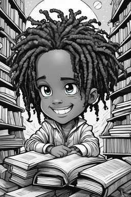 create a coloring page of A sassy futurism ABSTRACT cartoon chibi BOY LOOKING DOWN, surrounded by BOOKS. Looking up coyly, he grins widely, showing her Teeth. Highly detailed dread locs , regal expression.