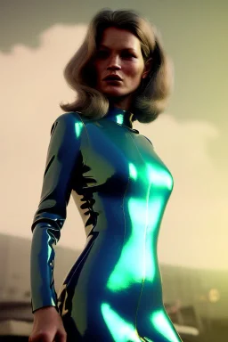 retro sci-fi press image from 1960, supermarket explosions, people running, sweet young Kate moss walking, tight latex suit, weapon, fighting stance, soft color, highly detailed, unreal engine 5, ray tracing, RTX, lumen lighting, ultra detail, volumetric lighting, 3d, finely drawn, high definition, high resolution.