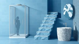 The image depicts a stylized bathroom scene featuring a shower enclosed in a transparent cubicle with a figure inside. To the side, there are unique, modern stairs leading up, made of stone, along with an abstract representation of a sink and a decorative wall. The color scheme primarily includes shades of blue and tiles with intricate textures. The overall aesthetic appears to be contemporary and artistic.