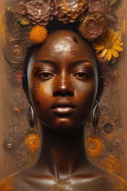 an abstract painting of rusted metal and flowers, african portrait, rust, scaffolding, iron cladding, decay, mixed media, textured, anatomically correct, beautiful perfect face, sharp focus, highly detailed