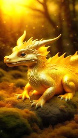 Photoreal close-up of enchanted baby dragon in a golden forest shrouded in sparkling luminescent mist.