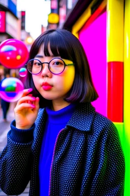 cool girl blowing bubbles on streets of tokyo in the style of hiroku ogai