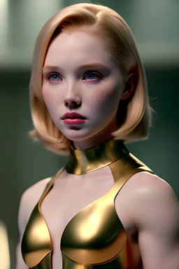 film still 8k uhd, gorgeous blonde molly quinn, muscular female superhero, (((gold, silver, glimmer)), short hair, limited palette, contrast, phenomenal aesthetic, best quality, sumptuous artwork