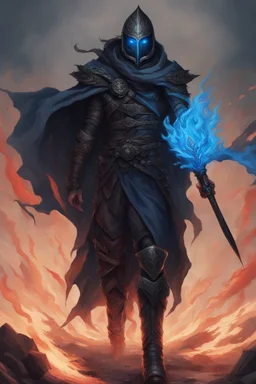 A warrior with a matte black combat helmet and eyes with bright blue flaming pupils, a black cape and a long coat with long combat boots and a long, sharp and fiery spear and with his helmet under his cape and two blue flames instead of eyes